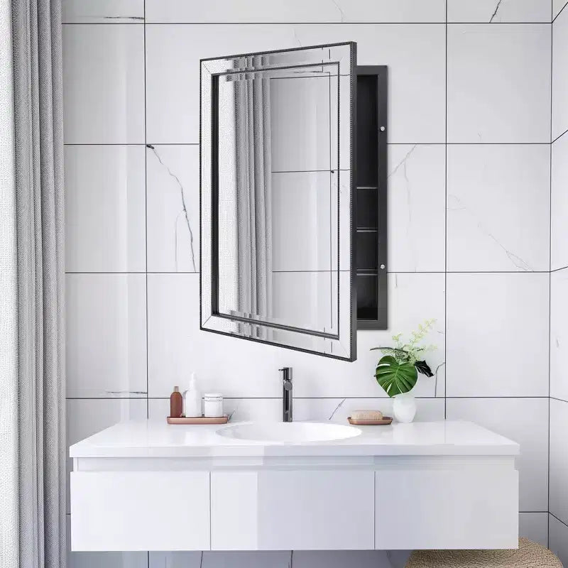Pensile da bagno a specchio con una anta, nero spazzolato, 56x76 cm