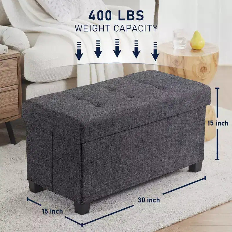 Panca Contenitore Ottomana Pieghevole Trapuntata in Lino, Singola, 76 cm – Beige / Nero / Grigio Antracite / Grigio / Blu Navy