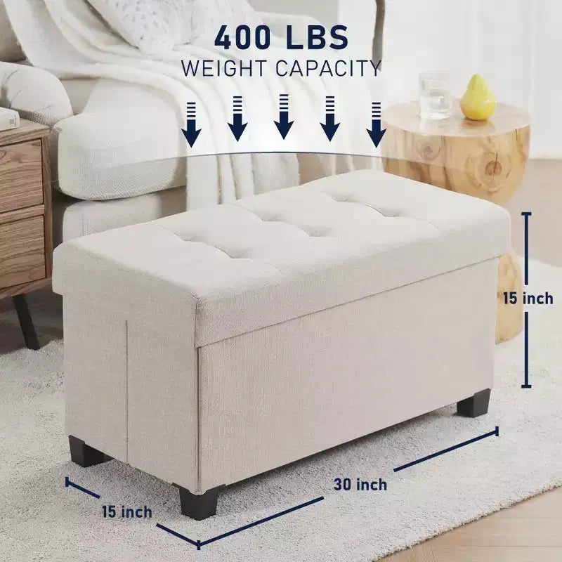 Panca Contenitore Ottomana Pieghevole Trapuntata in Lino, Singola, 76 cm – Beige / Nero / Grigio Antracite / Grigio / Blu Navy