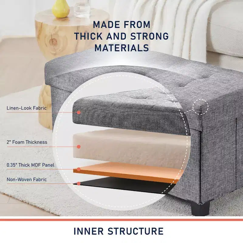 Panca Contenitore Ottomana Pieghevole Trapuntata in Lino, Singola, 76 cm – Beige / Nero / Grigio Antracite / Grigio / Blu Navy