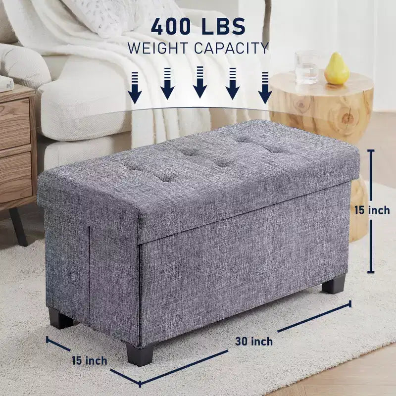 Panca Contenitore Ottomana Pieghevole Trapuntata in Lino, Singola, 76 cm – Beige / Nero / Grigio Antracite / Grigio / Blu Navy