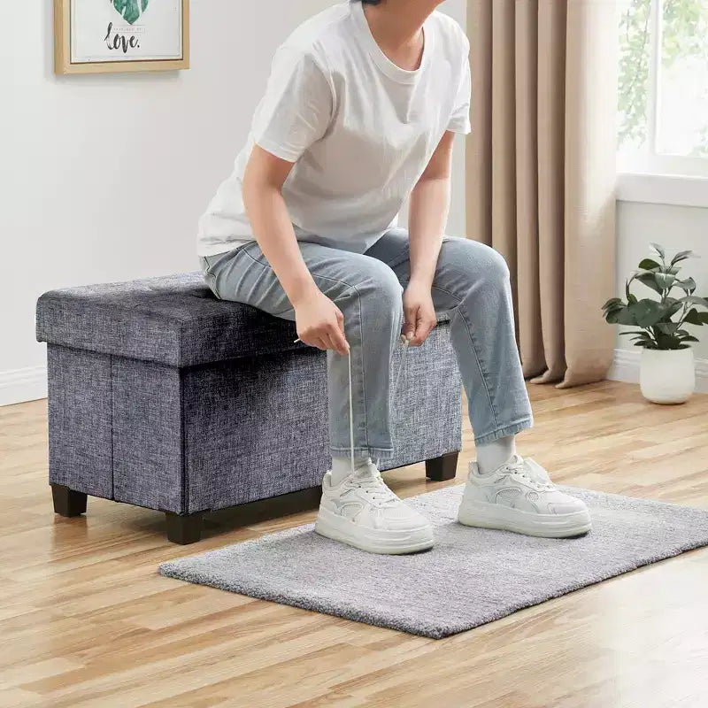Panca Contenitore Ottomana Pieghevole Trapuntata in Lino, Singola, 76 cm – Beige / Nero / Grigio Antracite / Grigio / Blu Navy