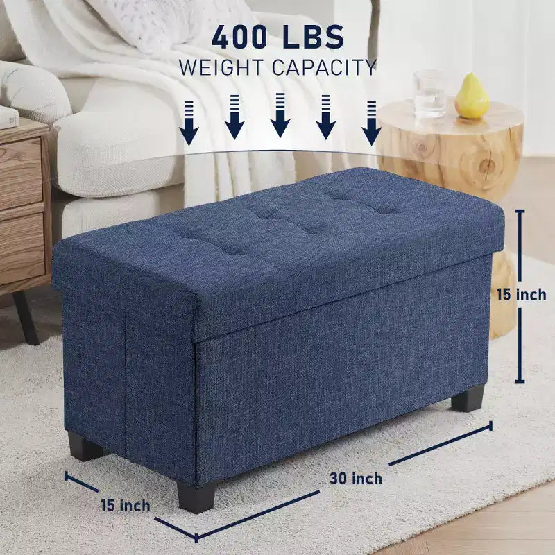 Panca Contenitore Ottomana Pieghevole Trapuntata in Lino, Singola, 76 cm – Beige / Nero / Grigio Antracite / Grigio / Blu Navy