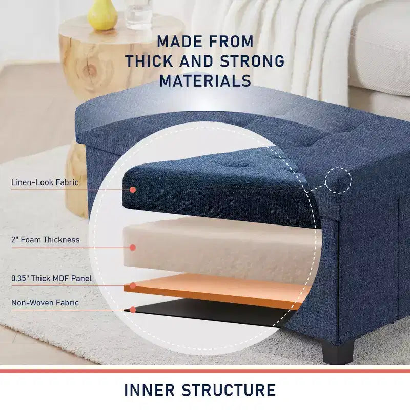 Panca Contenitore Ottomana Pieghevole Trapuntata in Lino, Singola, 76 cm – Beige / Nero / Grigio Antracite / Grigio / Blu Navy
