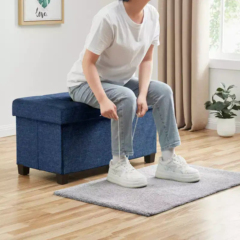 Panca Contenitore Ottomana Pieghevole Trapuntata in Lino, Singola, 76 cm – Beige / Nero / Grigio Antracite / Grigio / Blu Navy