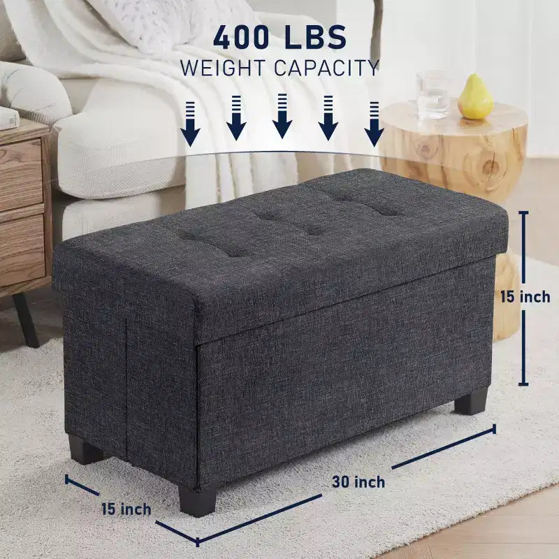 Panca Contenitore Ottomana Pieghevole Trapuntata in Lino, Singola, 76 cm – Beige / Nero / Grigio Antracite / Grigio / Blu Navy
