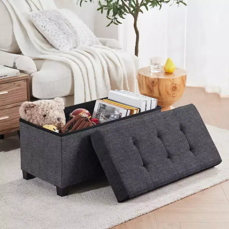 Panca Contenitore Ottomana Pieghevole Trapuntata in Lino, Singola, 76 cm – Beige / Nero / Grigio Antracite / Grigio / Blu Navy