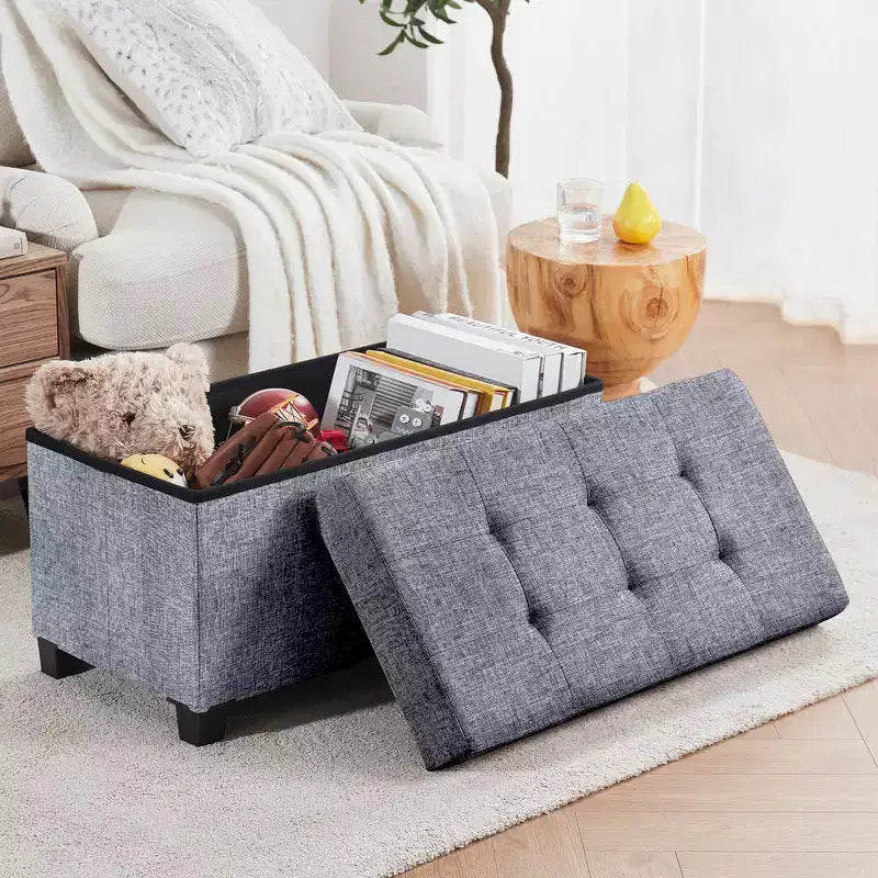 Panca Contenitore Ottomana Pieghevole Trapuntata in Lino, Singola, 76 cm – Beige / Nero / Grigio Antracite / Grigio / Blu Navy