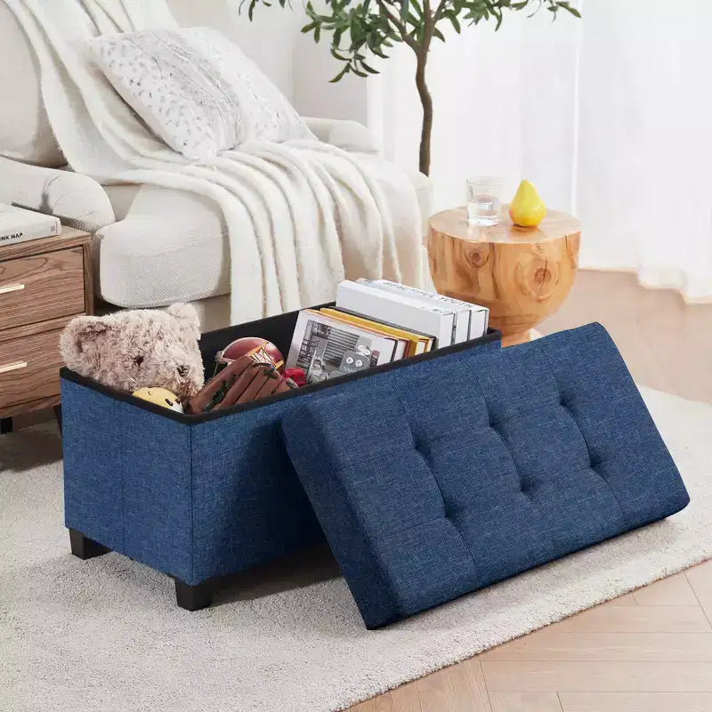 Panca Contenitore Ottomana Pieghevole Trapuntata in Lino, Singola, 76 cm – Beige / Nero / Grigio Antracite / Grigio / Blu Navy
