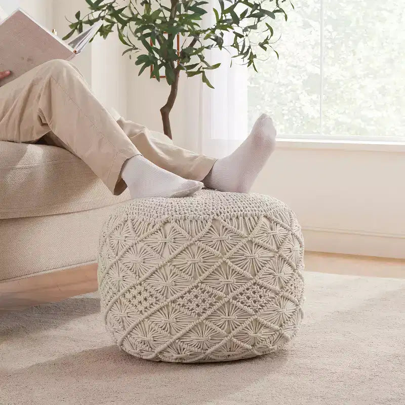 Pouf rotondo in cotone intrecciato | Beige, naturale, tortora, bianco | 1 posto
