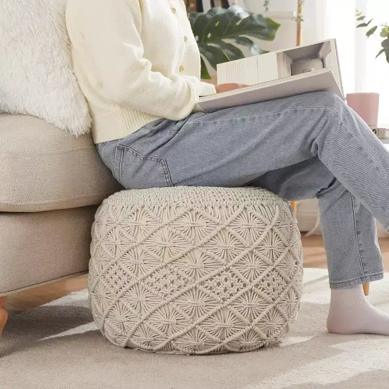 Pouf rotondo in cotone intrecciato | Beige, naturale, tortora, bianco | 1 posto