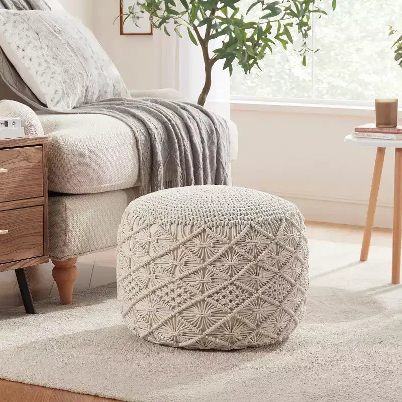 Pouf rotondo in cotone intrecciato | Beige, naturale, tortora, bianco | 1 posto