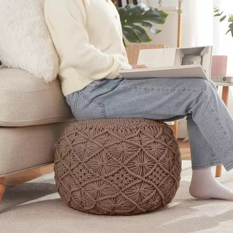 Pouf rotondo in cotone intrecciato | Beige, naturale, tortora, bianco | 1 posto