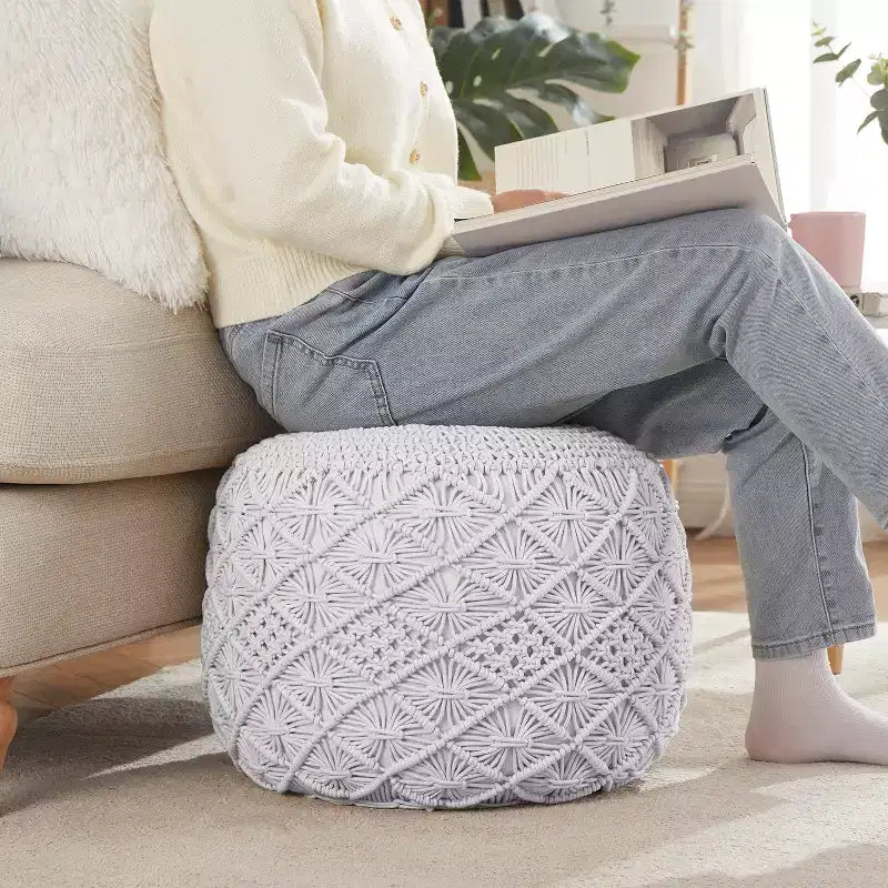 Pouf rotondo in cotone intrecciato | Beige, naturale, tortora, bianco | 1 posto