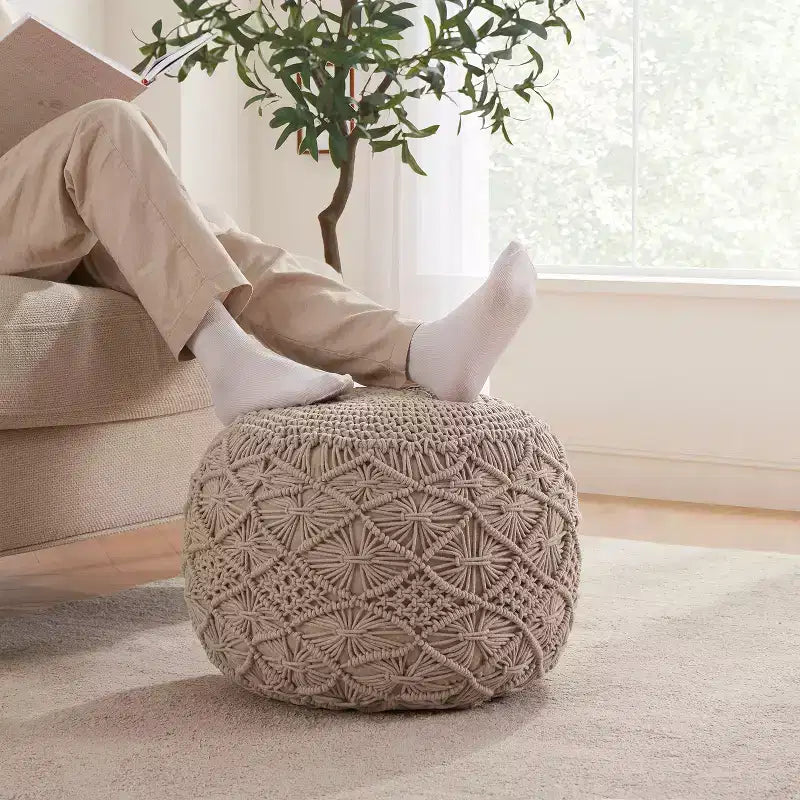 Pouf rotondo in cotone intrecciato | Beige, naturale, tortora, bianco | 1 posto