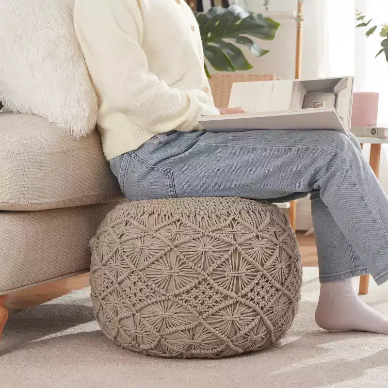 Pouf rotondo in cotone intrecciato | Beige, naturale, tortora, bianco | 1 posto