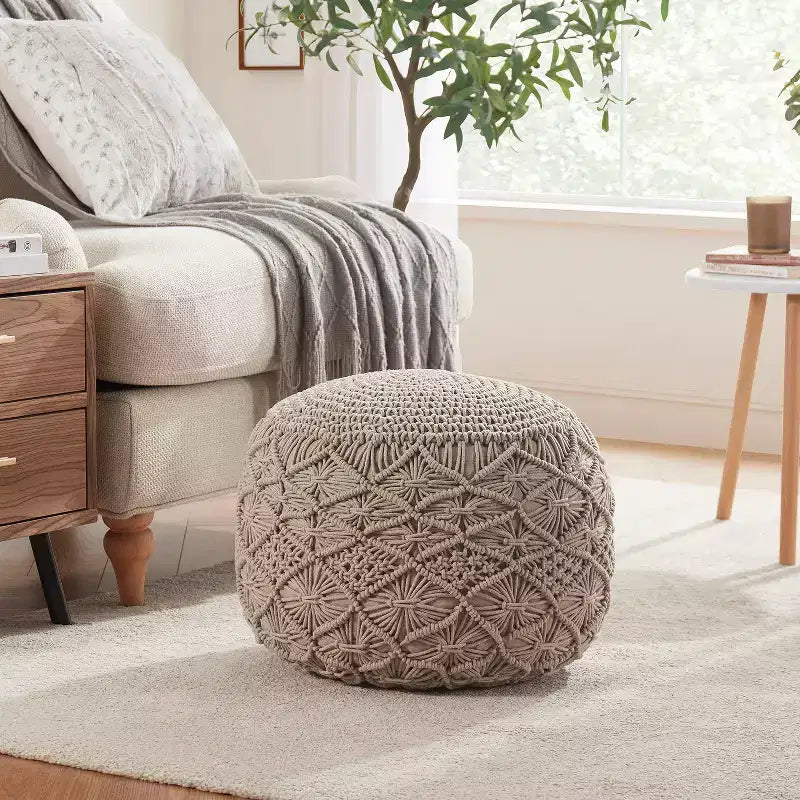 Pouf rotondo in cotone intrecciato | Beige, naturale, tortora, bianco | 1 posto
