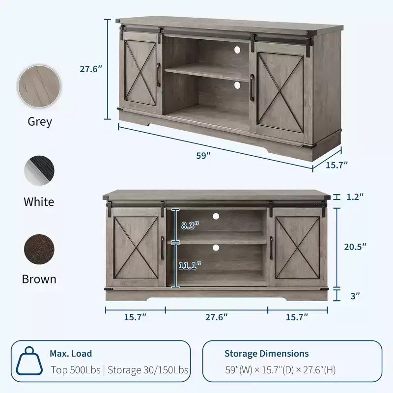 Mobile TV rustico marrone/grigio/bianco con ante scorrevoli a fienile, adatto per TV fino a 65"