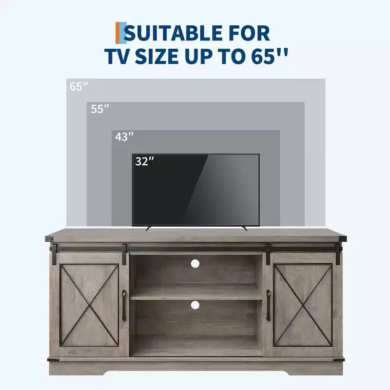 Mobile TV rustico marrone/grigio/bianco con ante scorrevoli a fienile, adatto per TV fino a 65"