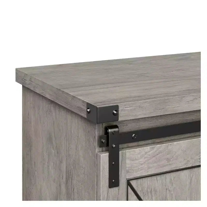 Mobile TV rustico marrone/grigio/bianco con ante scorrevoli a fienile, adatto per TV fino a 65"