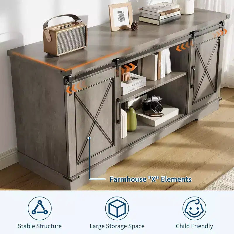 Mobile TV rustico marrone/grigio/bianco con ante scorrevoli a fienile, adatto per TV fino a 65"