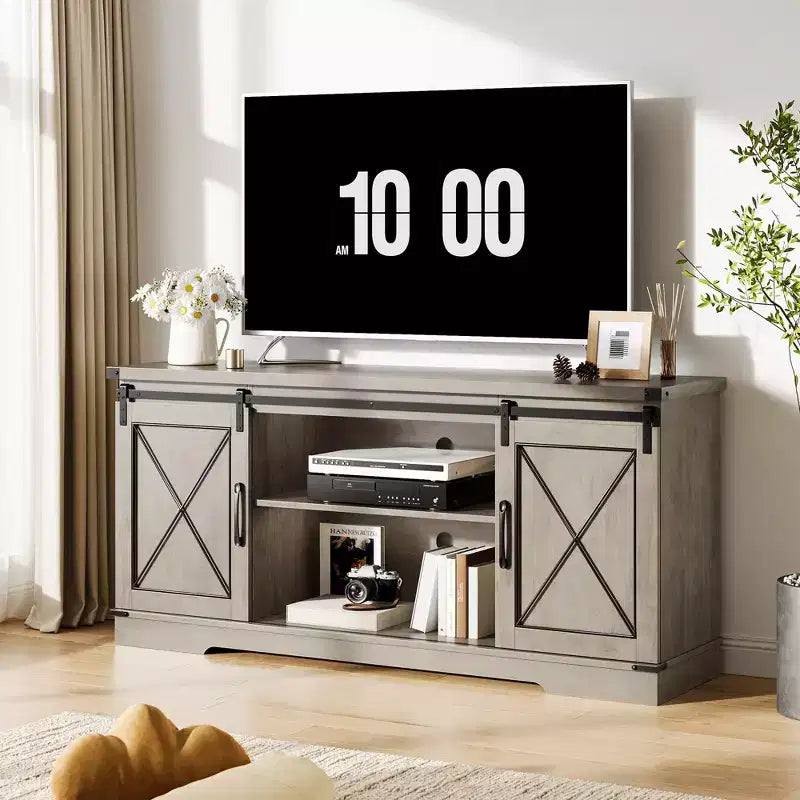Mobile TV rustico marrone/grigio/bianco con ante scorrevoli a fienile, adatto per TV fino a 65"