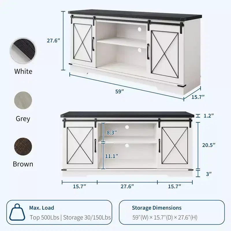 Mobile TV rustico marrone/grigio/bianco con ante scorrevoli a fienile, adatto per TV fino a 65"