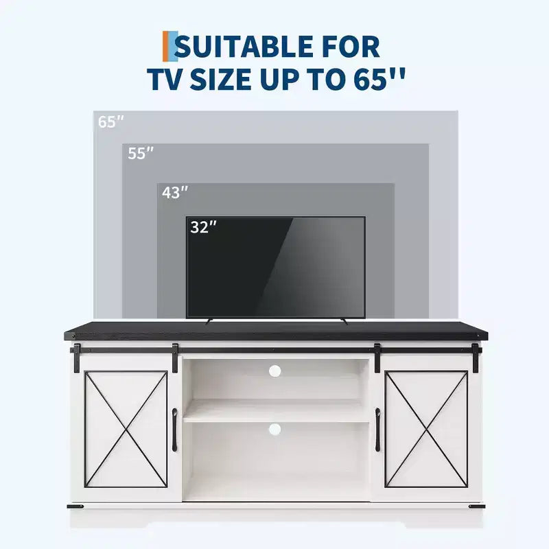 Mobile TV rustico marrone/grigio/bianco con ante scorrevoli a fienile, adatto per TV fino a 65"