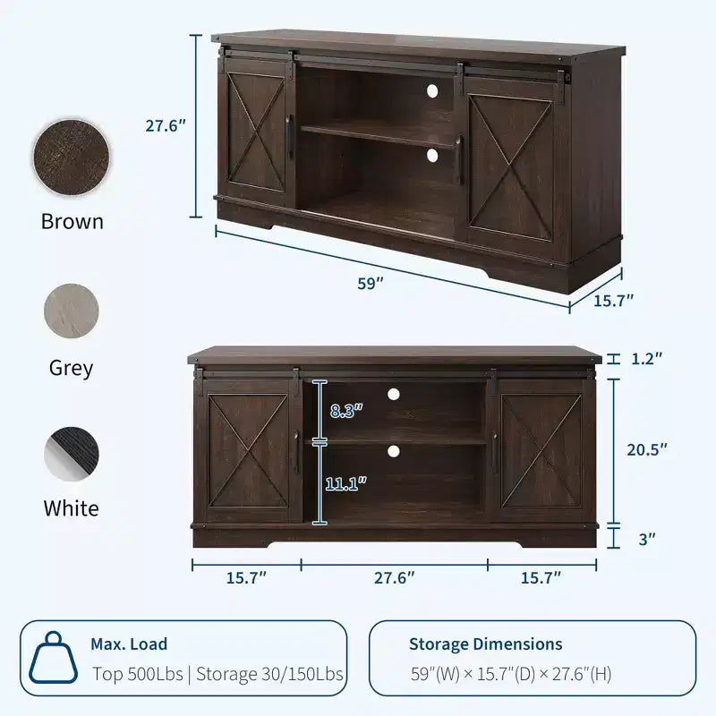 Mobile TV rustico marrone/grigio/bianco con ante scorrevoli a fienile, adatto per TV fino a 65"
