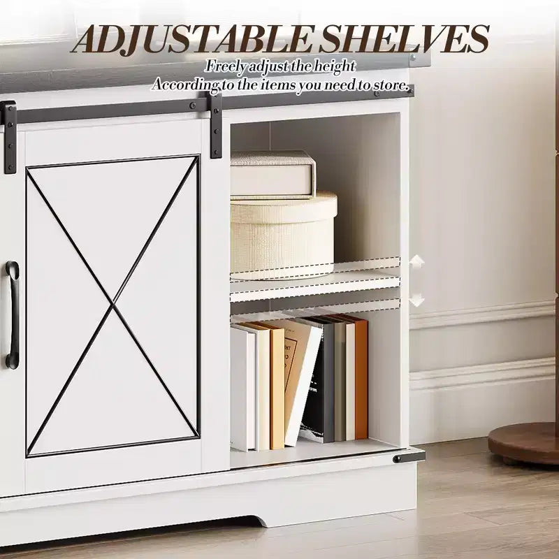 Mobile TV rustico marrone/grigio/bianco con ante scorrevoli a fienile, adatto per TV fino a 65"