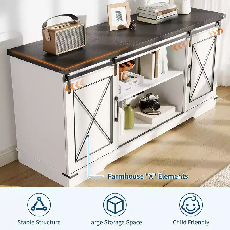 Mobile TV rustico marrone/grigio/bianco con ante scorrevoli a fienile, adatto per TV fino a 65"