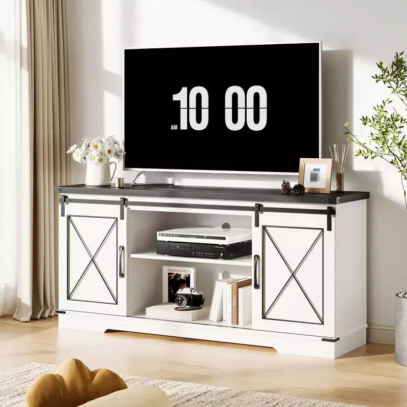 Mobile TV rustico marrone/grigio/bianco con ante scorrevoli a fienile, adatto per TV fino a 65"