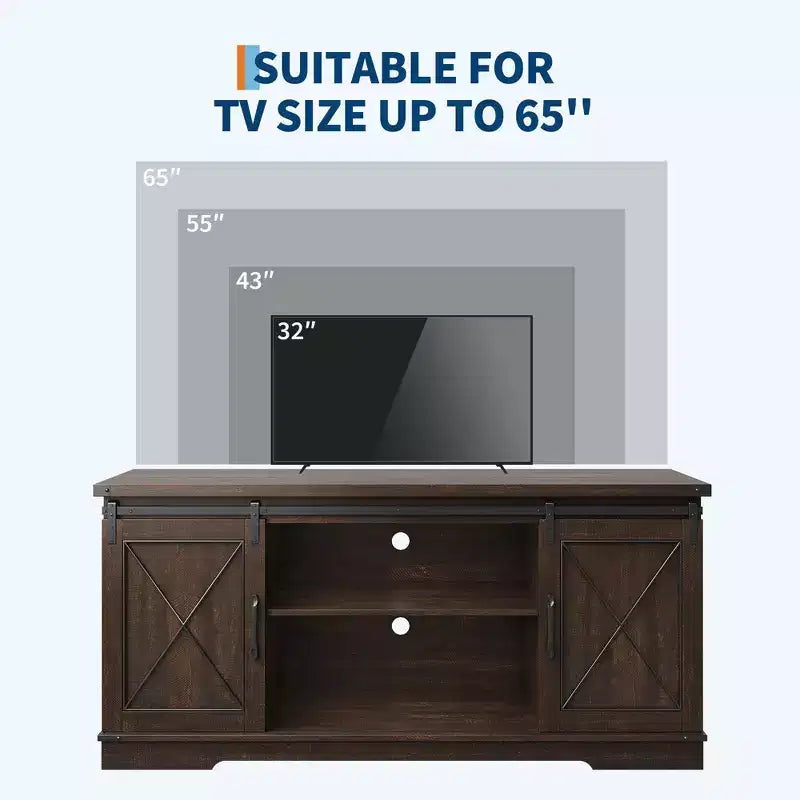 Mobile TV rustico marrone/grigio/bianco con ante scorrevoli a fienile, adatto per TV fino a 65"