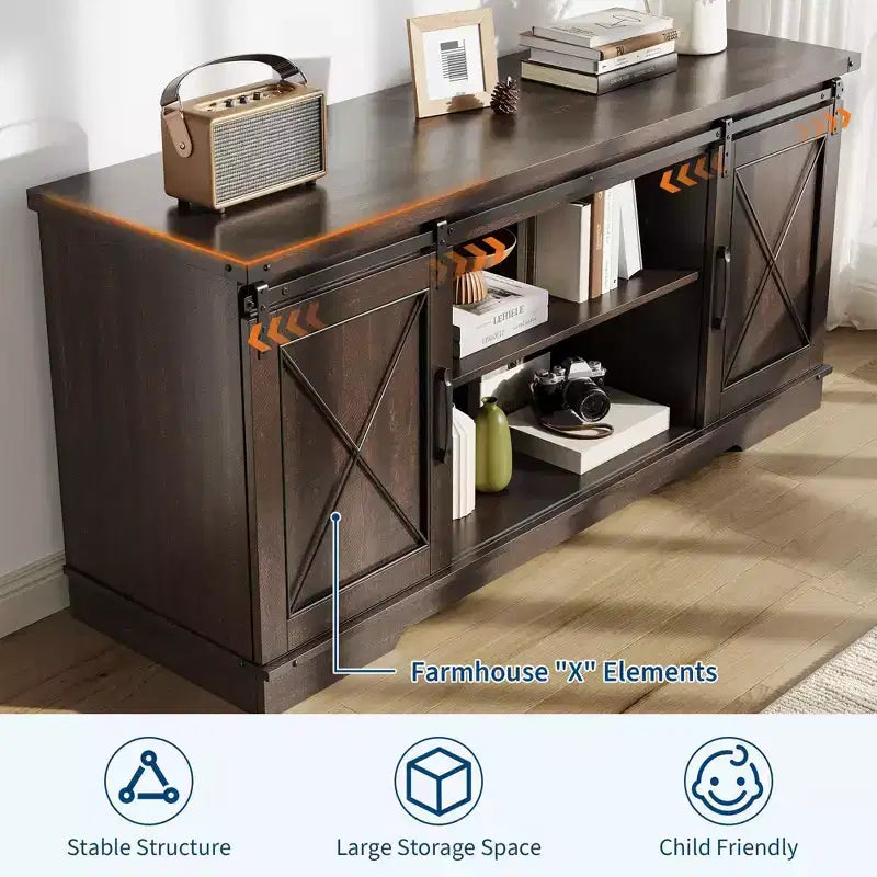 Mobile TV rustico marrone/grigio/bianco con ante scorrevoli a fienile, adatto per TV fino a 65"
