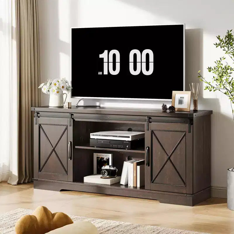 Mobile TV rustico marrone/grigio/bianco con ante scorrevoli a fienile, adatto per TV fino a 65"
