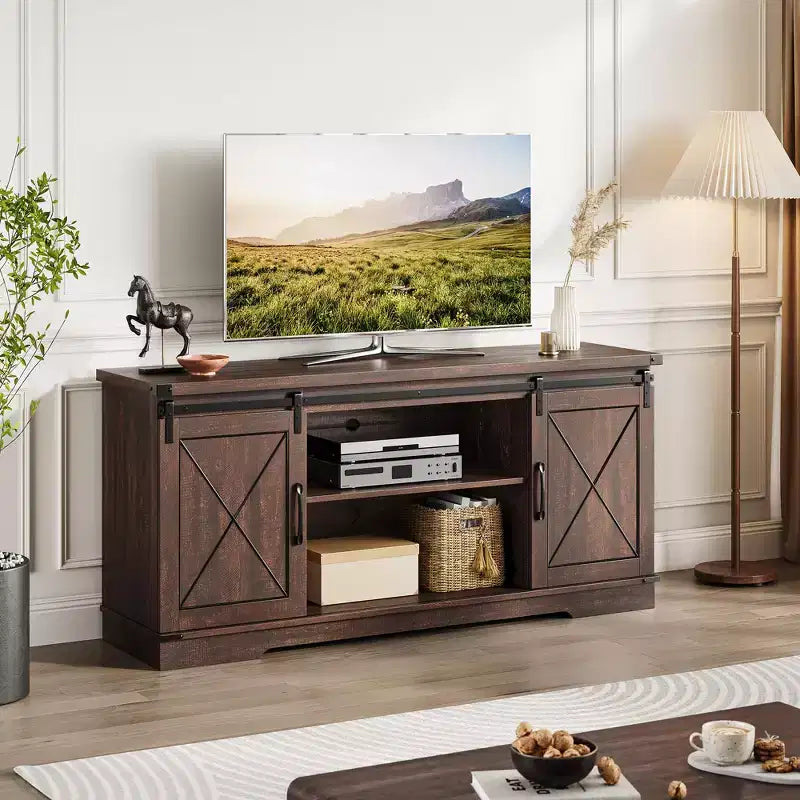 GustoWave Farmhouse TV Stand for TVs up to 65, Entertainment Center with Sliding Barn Doors & Adjustable Shelf for Living Room