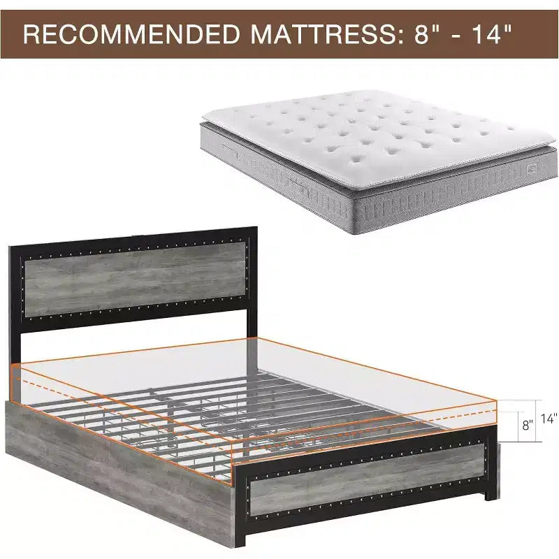 Letto a piattaforma con cassetti e testiera rivettata, grigio scuro/frassino lavato, matrimoniale/king size, per 1-2 persone