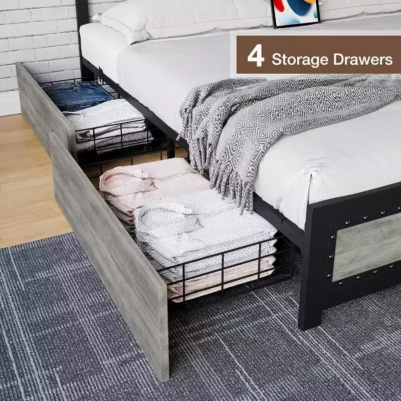 Letto a piattaforma con cassetti e testiera rivettata, grigio scuro/frassino lavato, matrimoniale/king size, per 1-2 persone