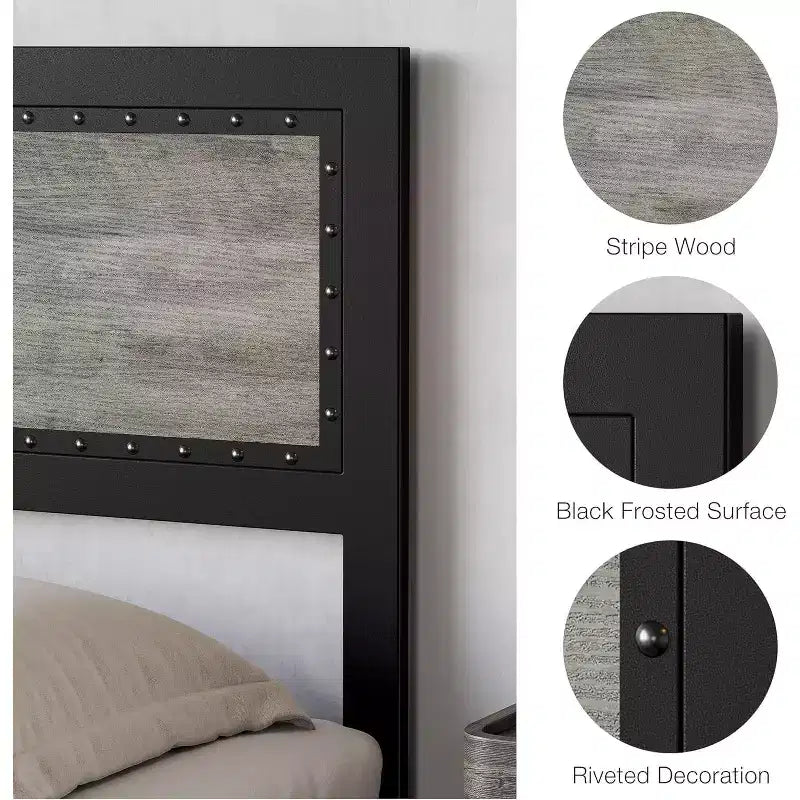 Letto a piattaforma con cassetti e testiera rivettata, grigio scuro/frassino lavato, matrimoniale/king size, per 1-2 persone