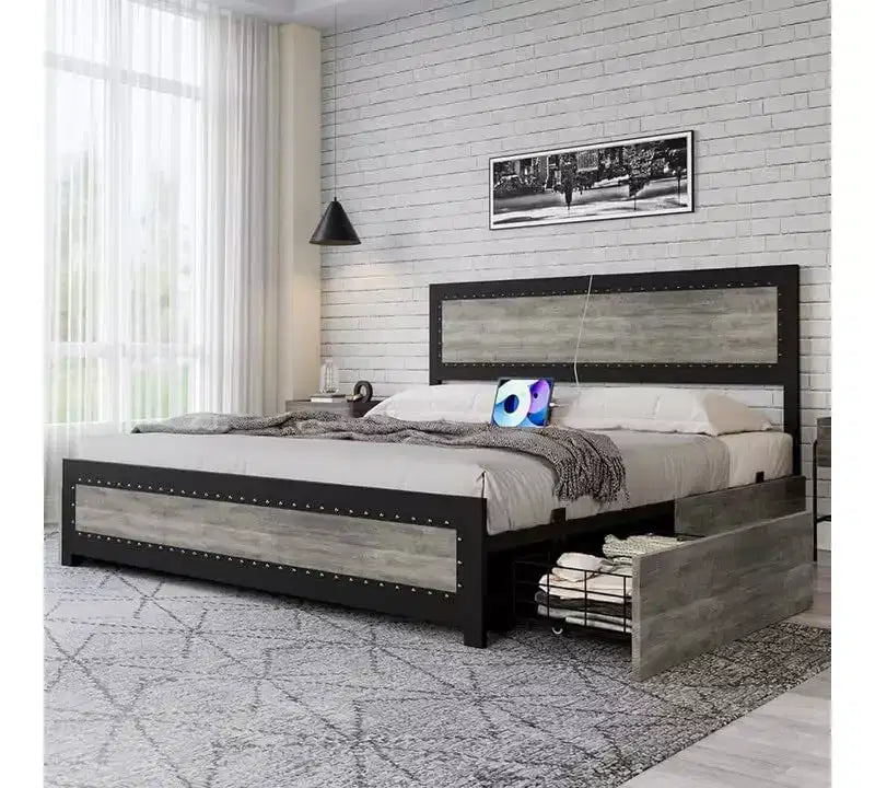 Letto a piattaforma con cassetti e testiera rivettata, grigio scuro/frassino lavato, matrimoniale/king size, per 1-2 persone