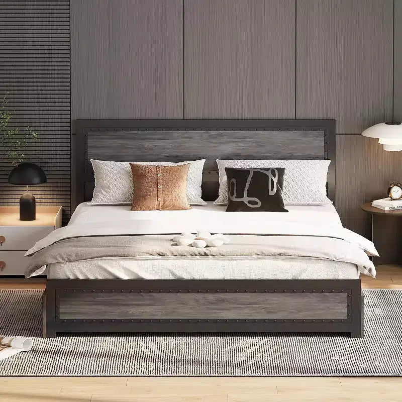 Letto a piattaforma con cassetti e testiera rivettata, grigio scuro/frassino lavato, matrimoniale/king size, per 1-2 persone