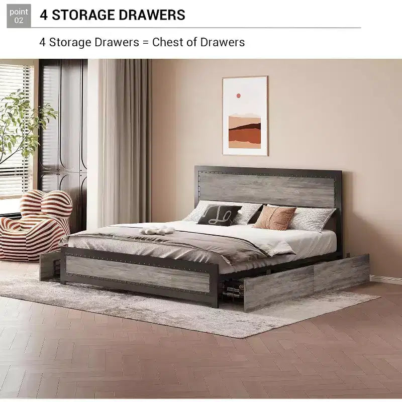 Letto a piattaforma con cassetti e testiera rivettata, grigio scuro/frassino lavato, matrimoniale/king size, per 1-2 persone