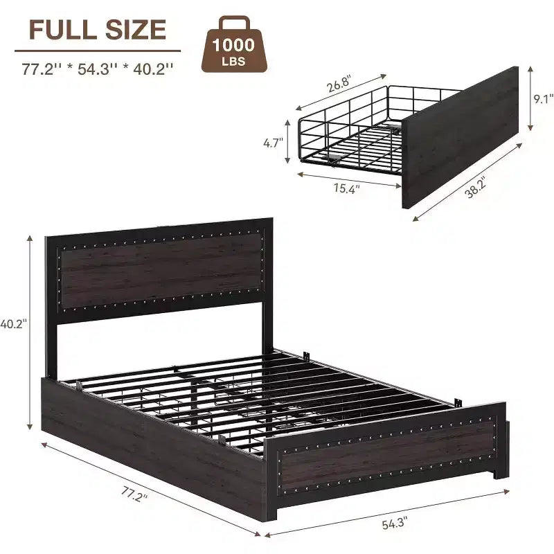 Letto a piattaforma con cassetti e testiera rivettata, grigio scuro/frassino lavato, matrimoniale/king size, per 1-2 persone