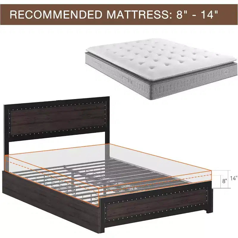 Letto a piattaforma con cassetti e testiera rivettata, grigio scuro/frassino lavato, matrimoniale/king size, per 1-2 persone