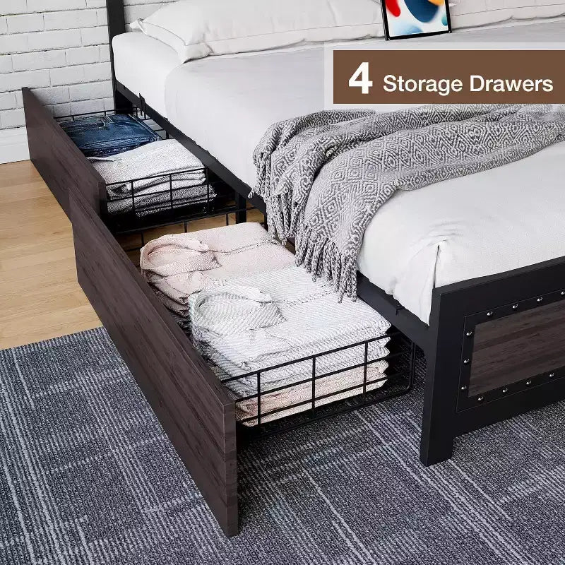 Letto a piattaforma con cassetti e testiera rivettata, grigio scuro/frassino lavato, matrimoniale/king size, per 1-2 persone