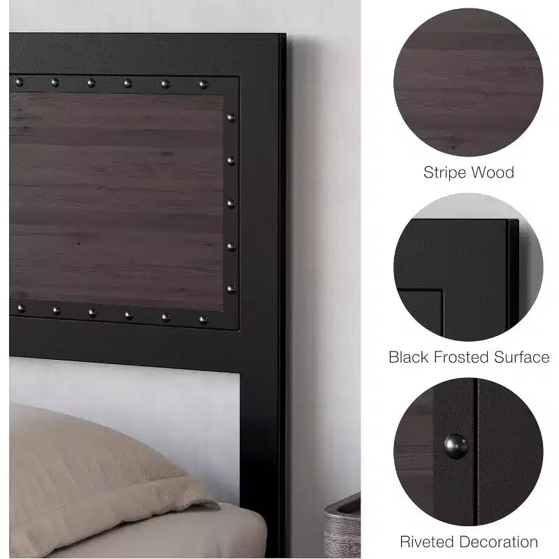 Letto a piattaforma con cassetti e testiera rivettata, grigio scuro/frassino lavato, matrimoniale/king size, per 1-2 persone