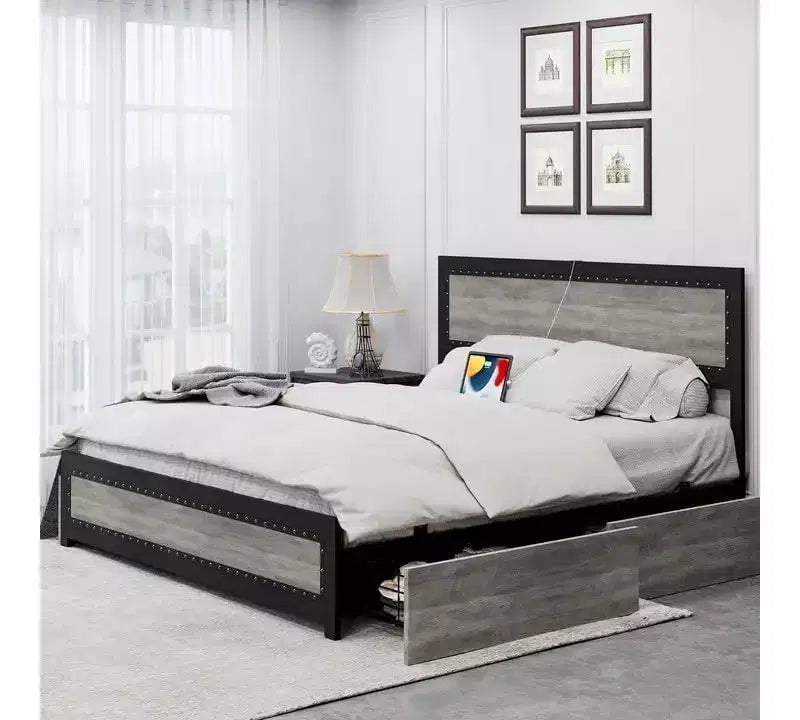 Letto a piattaforma con cassetti e testiera rivettata, grigio scuro/frassino lavato, matrimoniale/king size, per 1-2 persone