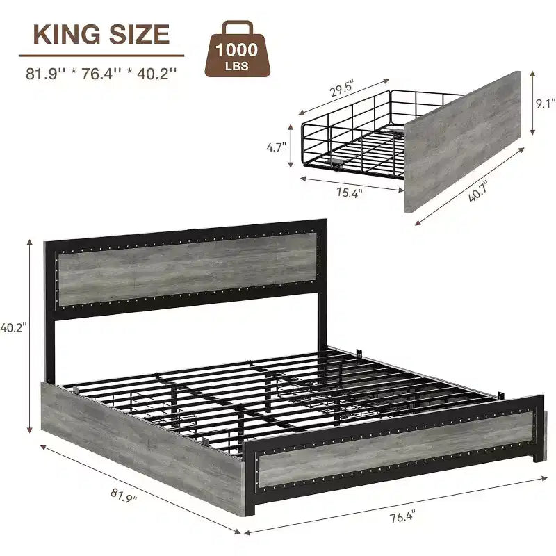 Letto a piattaforma con cassetti e testiera rivettata, grigio scuro/frassino lavato, matrimoniale/king size, per 1-2 persone