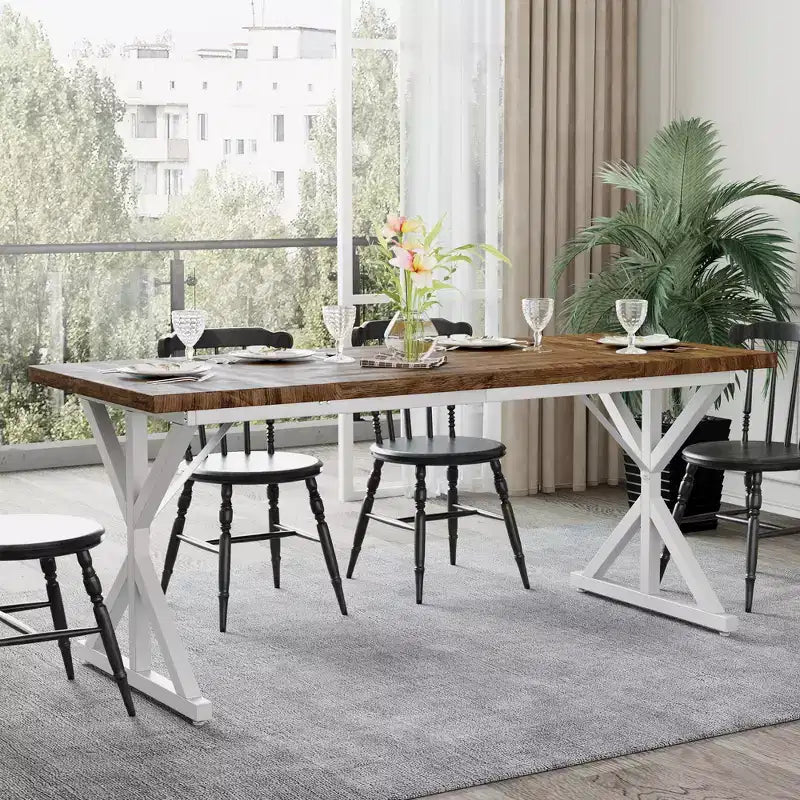 Tavolo da pranzo in stile rustico per 6 persone, Nero/Rovere/Noce, 180 cm, rettangolare in legno con gambe in metallo