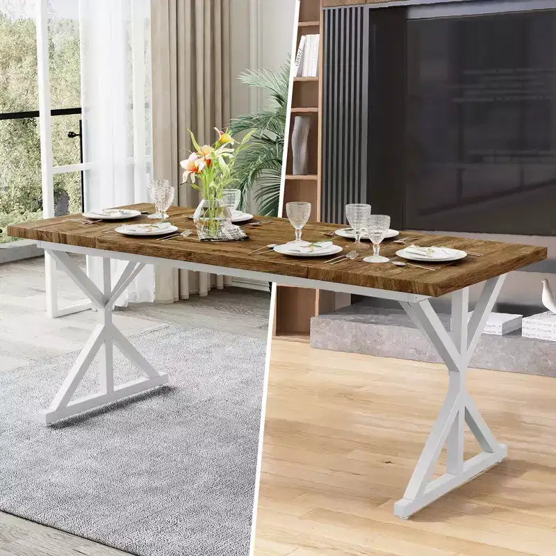 Tavolo da pranzo in stile rustico per 6 persone, Nero/Rovere/Noce, 180 cm, rettangolare in legno con gambe in metallo